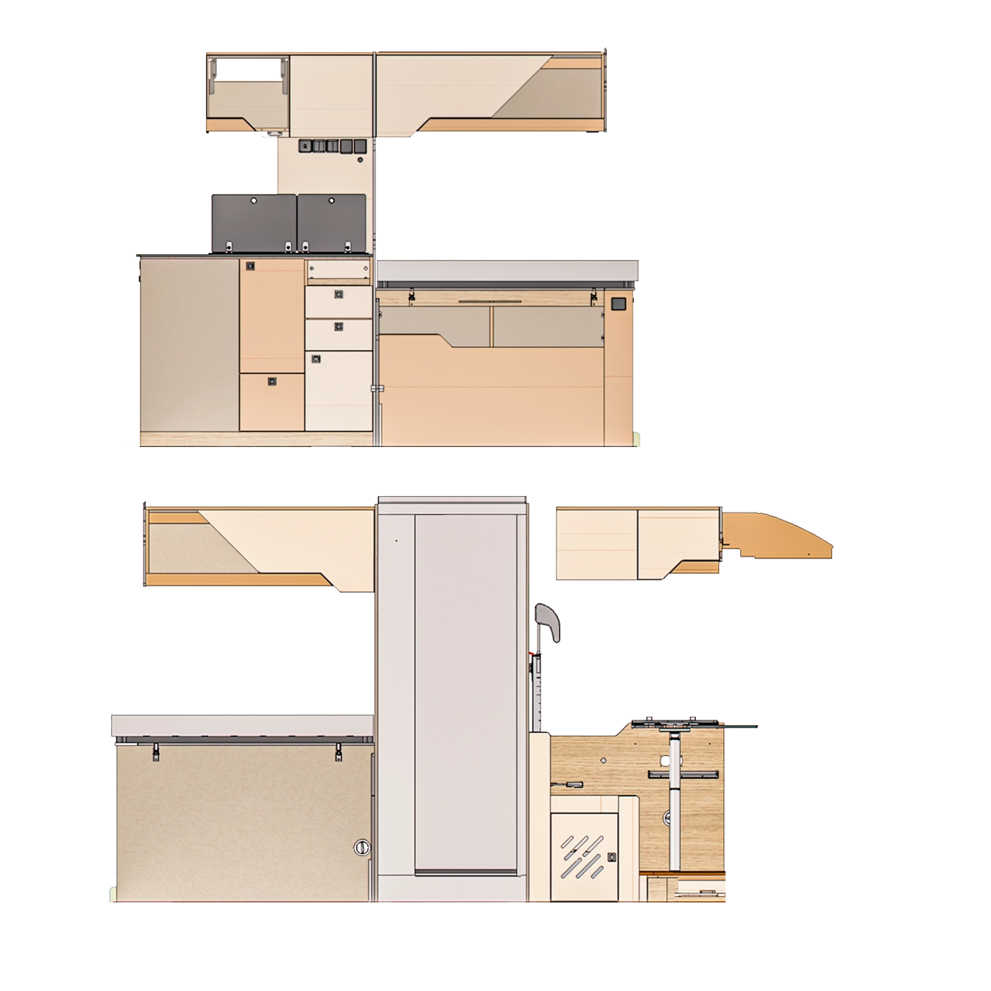 Detailed technical drawing of modular kitchen cabinetry with upper and lower storage units.