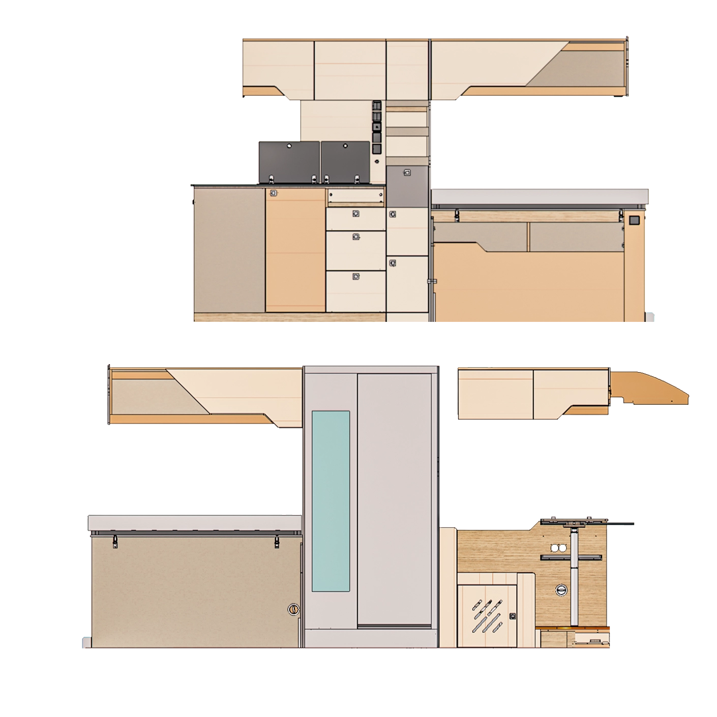 Technical drawing of a kitchen layout showing cabinets, drawers, counters, and appliances in a top and side view.