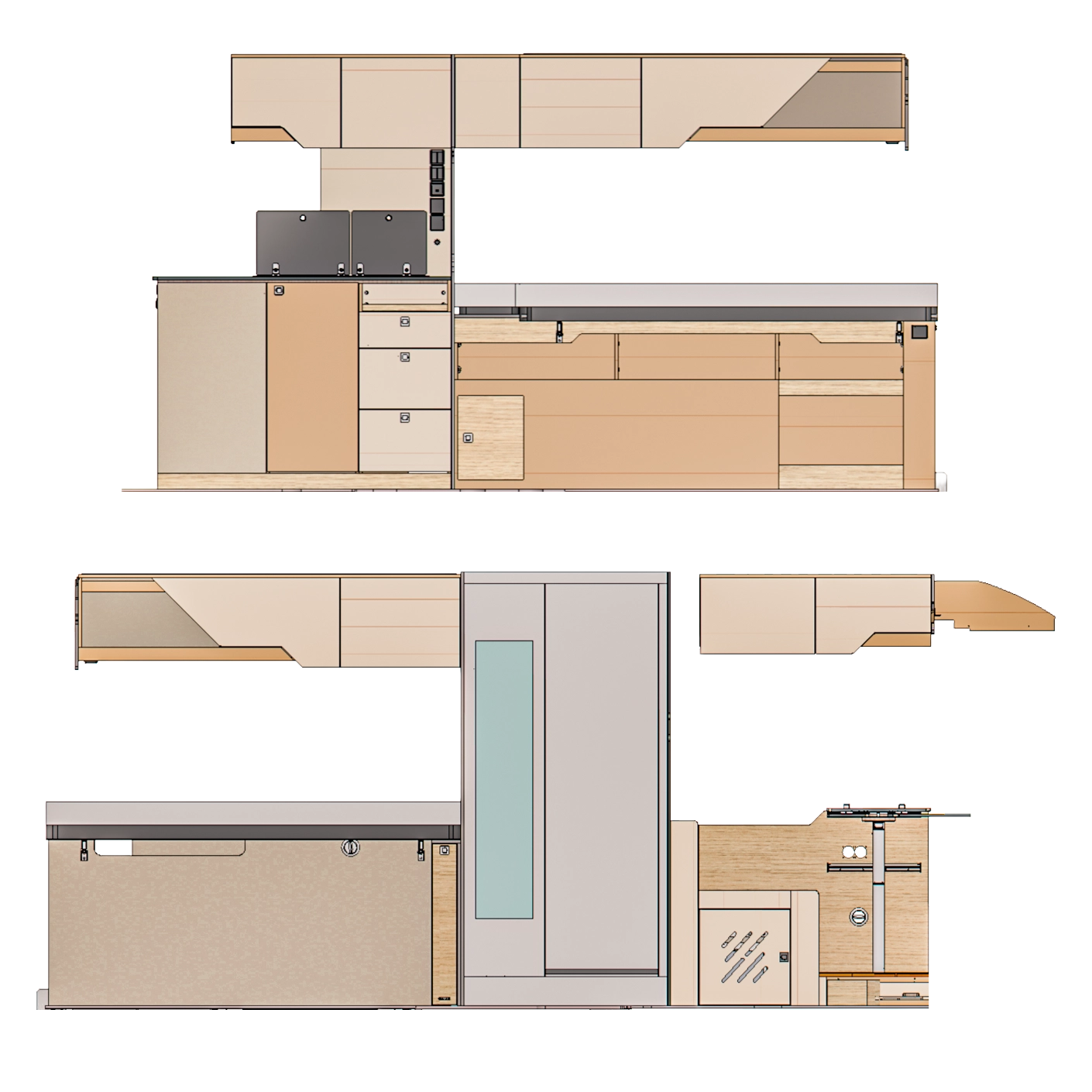 Technical drawing of a modular kitchen cabinet layout with upper and lower storage units and a built-in sink.