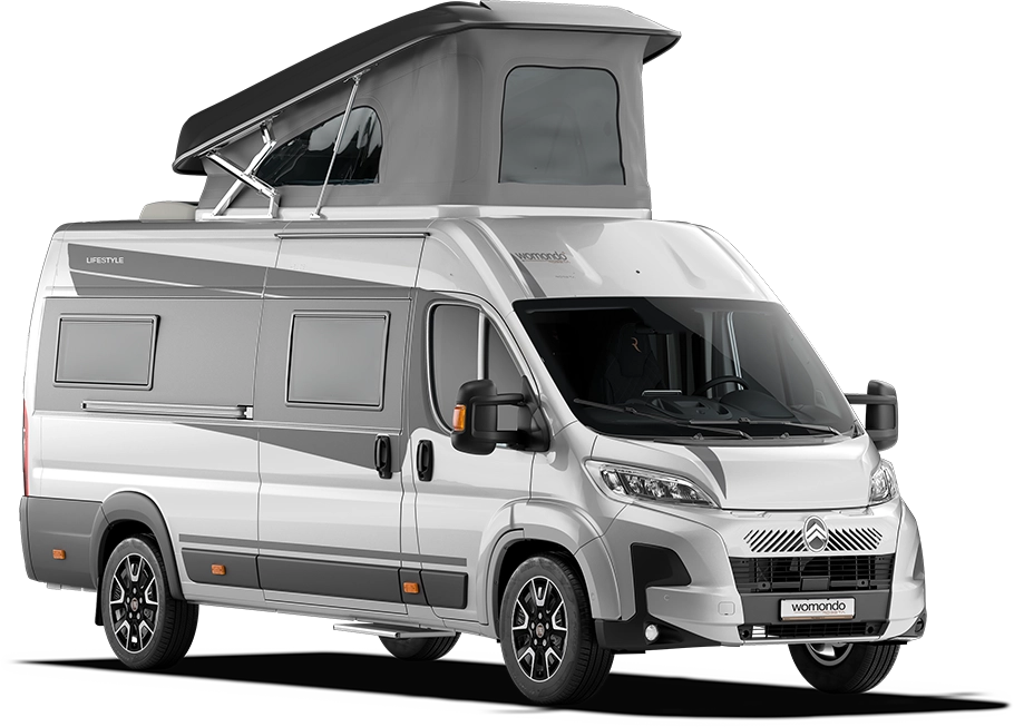 White and gray camper van with black wheels and a raised pop-up roof window for sleeping or ventilation.