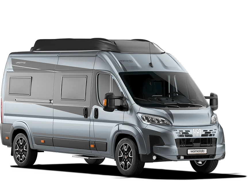 Silver Fiat camper van with black roof and side windows, designed for lifestyle travel.