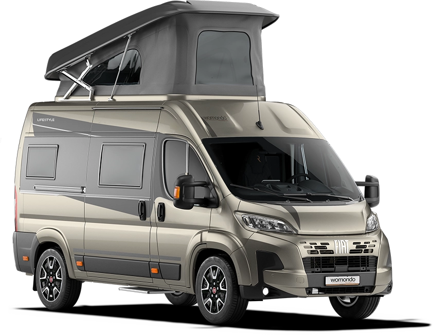 Modern beige camper van with pop-up roof tent and tinted windows.
